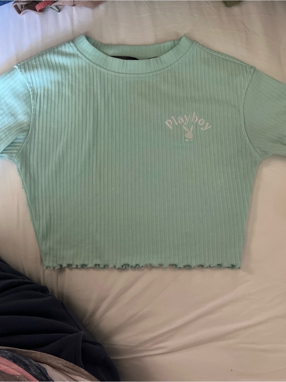 PLAYBOY Mint Ribbed Crop Tee with Logo